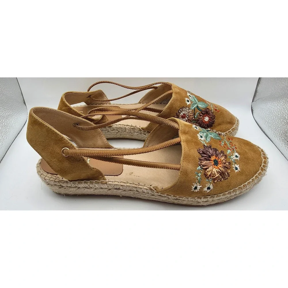 Kanna Spain Tan Suede Floral Embroidered Espadrille Slingback Flats Size 41